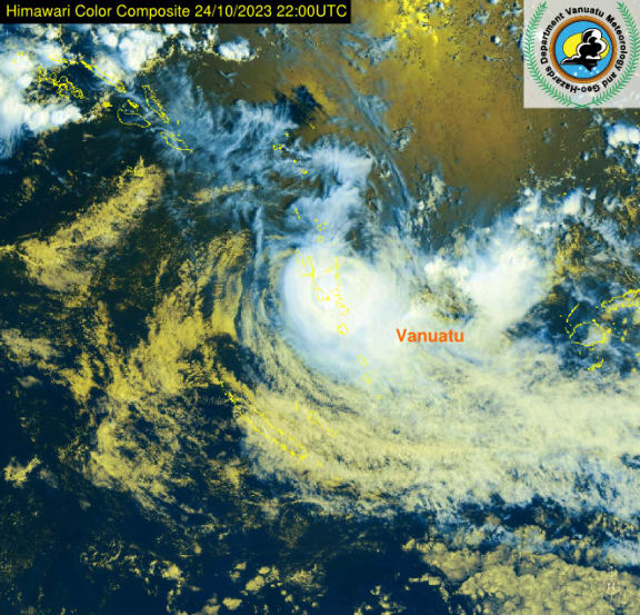 Tropical Cyclone Lola over Vanuatu as seen in satellite imagery at 11am (NZ time) on 25 October, 2023.