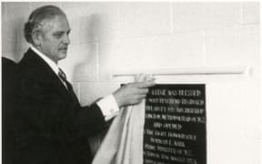 At his last public appearance, Norman Kirk opened St Peter's College in Palmerston North, 50 years ago. SOURCE: Manawatū Heritage Collection.