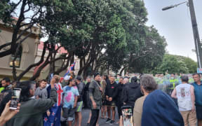 Protesters, including some who are filming the police, on day 15 of the protest at Parliament.