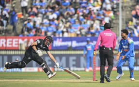 NZ's Henry Nicholls reaches his crease during the first ODI cricket match between India and the Black Caps at the Kotambi Stadium in Vadodara on January 11, 2026. (Photo by Shammi MEHRA / AFP) / -- IMAGE RESTRICTED TO EDITORIAL USE - STRICTLY NO COMMERCIAL USE --