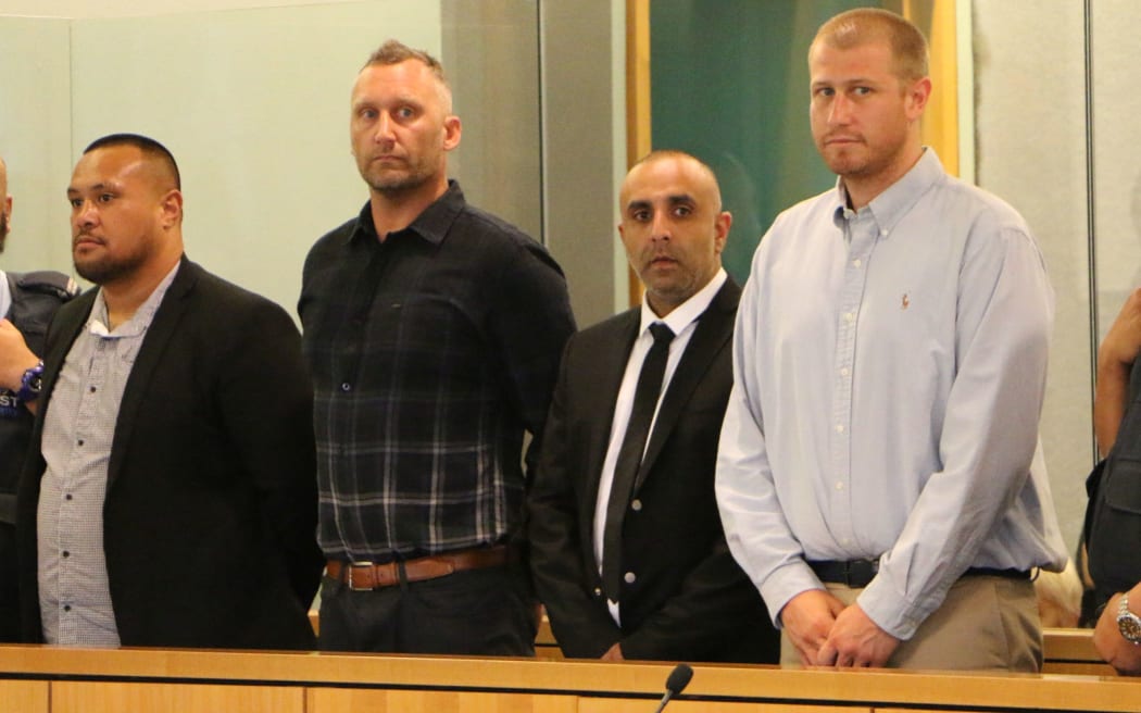 (from left) Tafa Misipati, Benjamin McLellan, Mobeen Bhikoo and Samuel Montgomery appear at the High Court in Auckland for sentencing on cocaine charges.