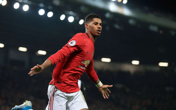 Manchester United forward Marcus Rashford celebrates a goal.