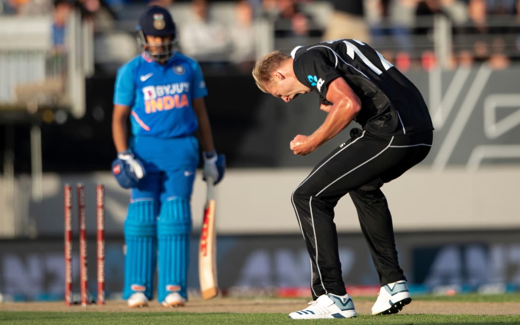 Debutant Kyle Jamieson celebrates his first wicket for the Black Caps.