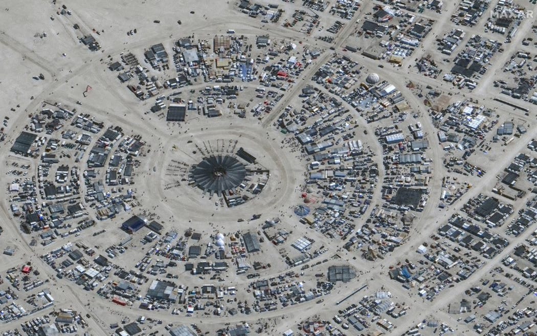 An aerial view of the annual Burning Man festival underway in Nevada’s Black Rock desert on 29 August 2023.