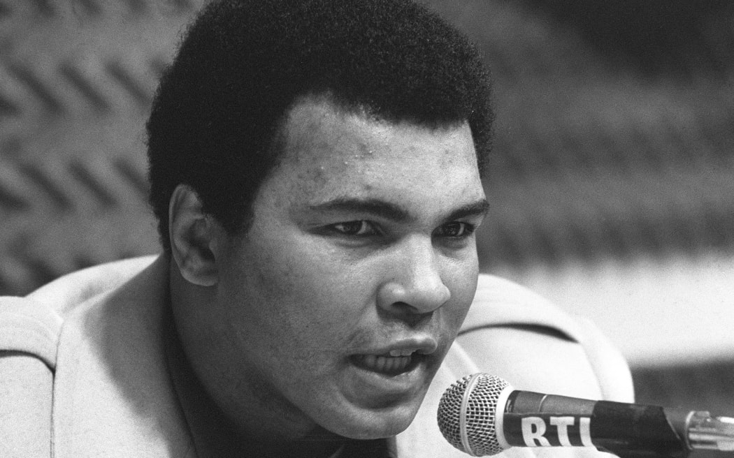 Muhammad Ali during a press conference in Paris about his book "The Greatest" in 4 March 1976.