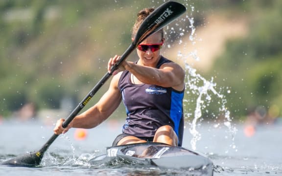Lisa Carrington on her way to the national K1 200m title at Lake Karapiro.