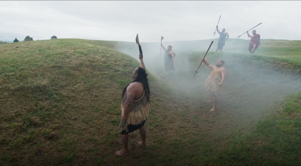 Brad Totorewa and descendants of Ngaati Naho perform a haka at the battle site of Rangiriri