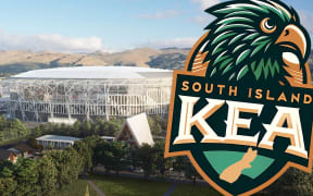 A logo for the South Island Kea and the Te Kaha Stadium mockup.
