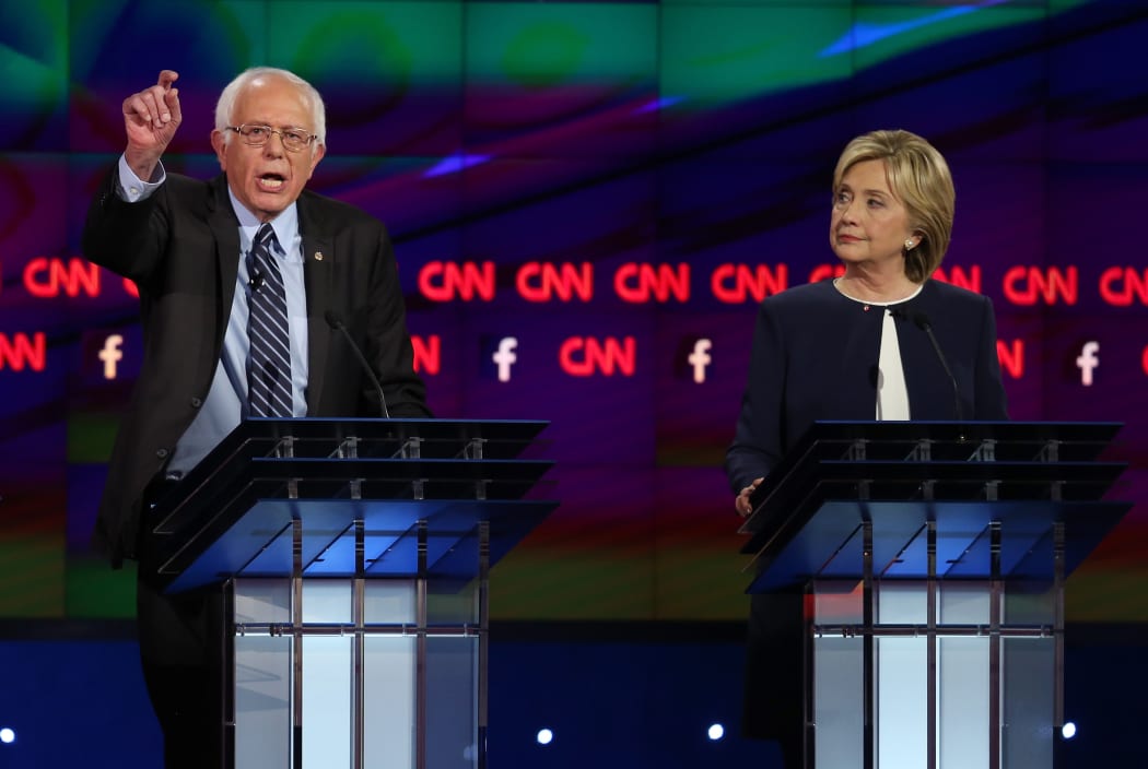 Democratic presidential candidates Bernie Sanders and Hillary Clinton during the debate.
