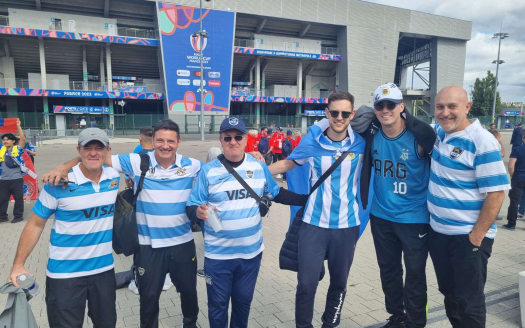 Fans of Argentina's Pumas at the Stade Geoffroy-Guichard in Saint-Étienne for the match against Manu Samoa for the Rugby World Cup pool match on 22 September, 2023.