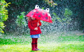 Child holding an umbrella in the rain.