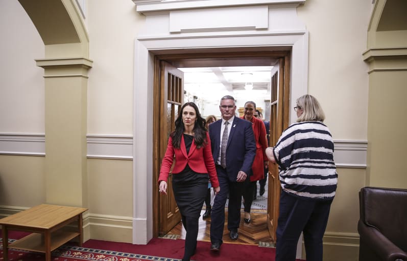 Jacinda Ardern and Kelvin Davis walking to media conference at Parliament after Little stands down.