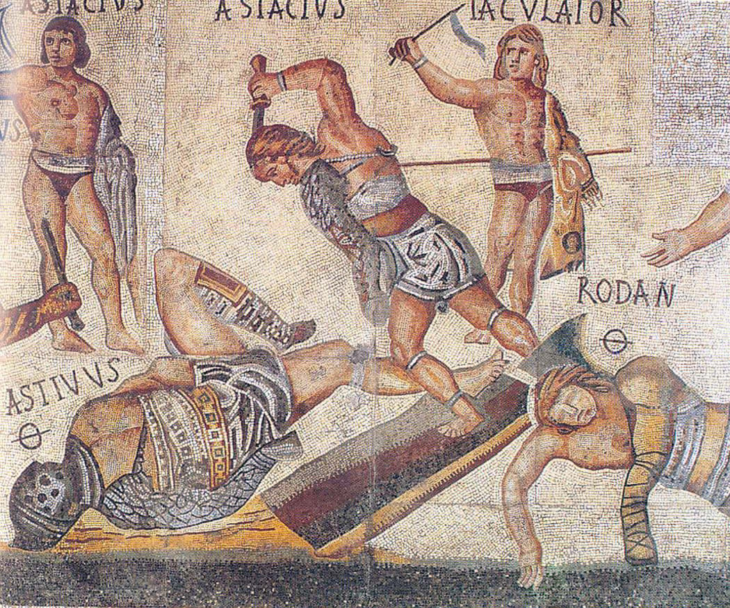 Part of the Gladiator Mosaic, displayed at the Galleria Borghese. c. 320 AD. The Ø symbol marks a gladiator killed in combat