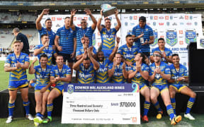 The Parramatta Eels celebrate their win over the New Zealand Warriors in the Auckland NRL Nines final at Eden Park in Auckland, New Zealand. Sunday 7 February 2016. Copyright photo: Andrew Cornaga / www.photosport.nz