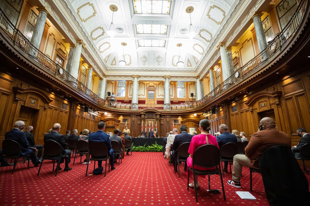 A physically distanced audience in the Legislative Chamber for the swearing in of the Governor General