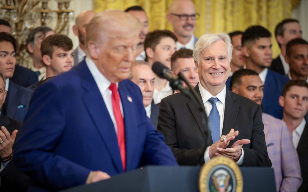 WASHINGTON, DC - APRIL 07: U.S. President Donald Trump accompanied by Los Angeles Dodgers Owner and Chairman Mark Walter (R), speaks as he hosts the 2024 World Series champions in the East Room of the White House on April 07, 2025 in Washington, DC. The Los Angeles Dodgers defeated the New York Yankees with a 7-6 victory in Game 5.   Alex Wong/Getty Images/AFP (Photo by ALEX WONG / GETTY IMAGES NORTH AMERICA / Getty Images via AFP)
