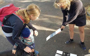 TRC senior ecologist Halema Jamieson (right) laying rat tracking tunnels with volunteers Naomi Dowding-Smith and son Declan in Pukekura Park.