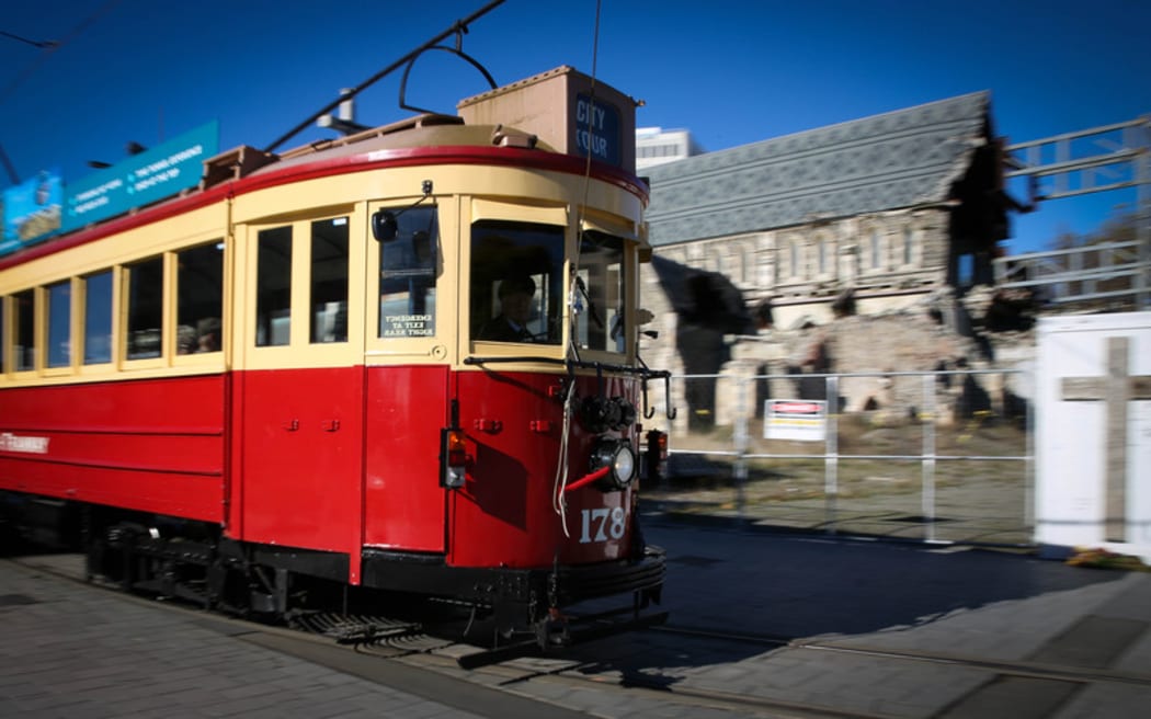Tram passing the Christchurch Cathedral.