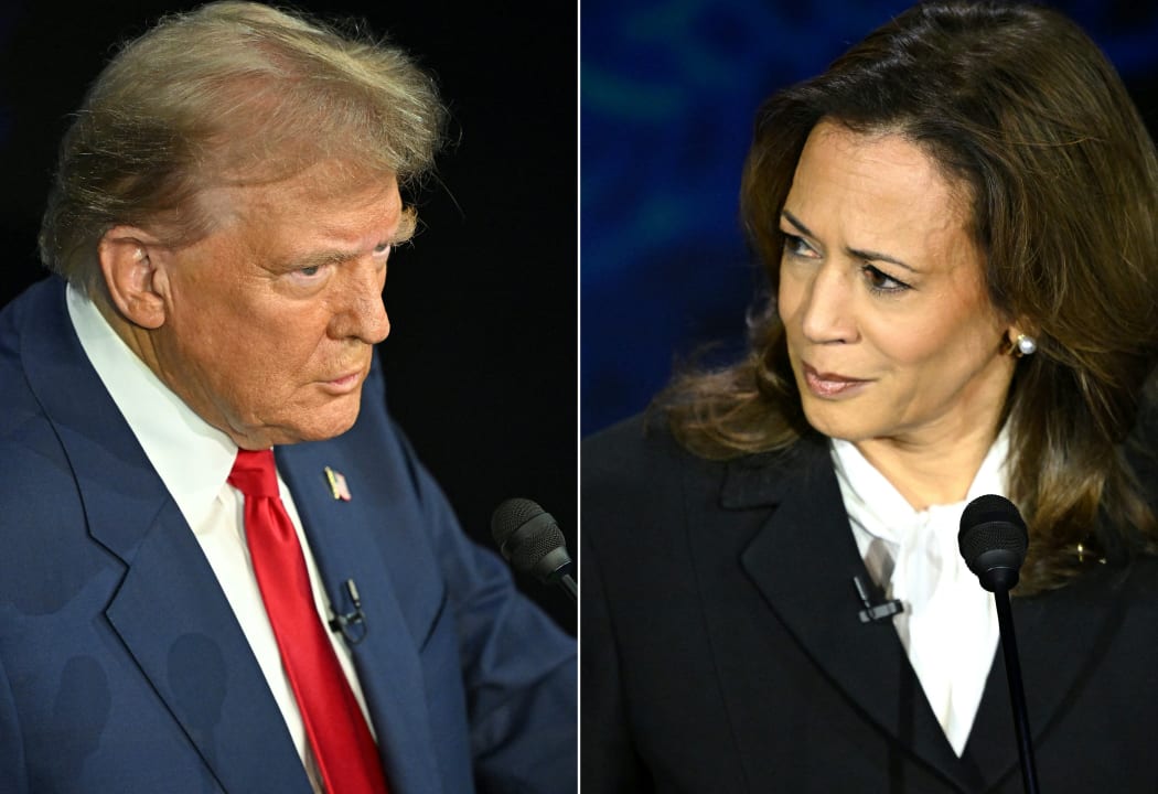 (COMBO) This combination of pictures created on September 10, 2024 shows former US President and Republican presidential candidate Donald Trump (L) and US Vice President and Democratic presidential candidate Kamala Harris participating in a presidential debate at the National Constitution Center in Philadelphia, Pennsylvania, on September 10, 2024. 

US Vice President and Democratic presidential candidate Kamala Harris speaks during a presidential debate with former US President and Republican presidential candidate Donald Trump at the National Constitution Center in Philadelphia, Pennsylvania, on September 10, 2024. (Photo by SAUL LOEB / AFP)