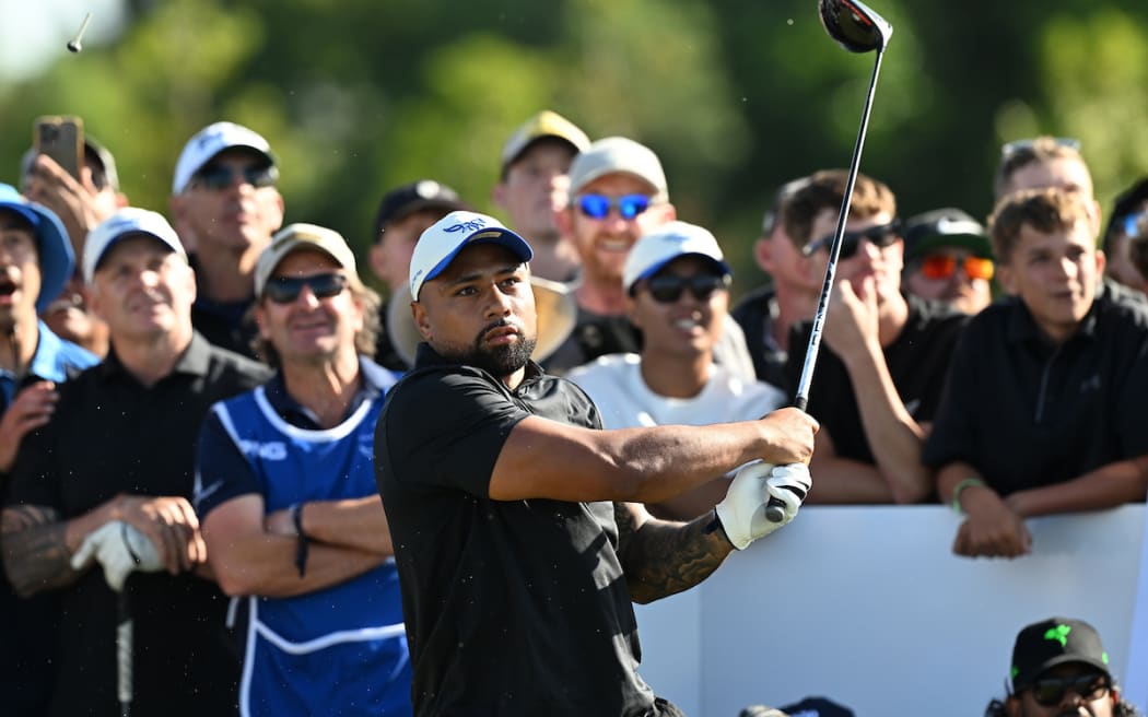 Ngani Laumape tees off at Chasing the Fox at Royal Auckland & Grange Golf Club.