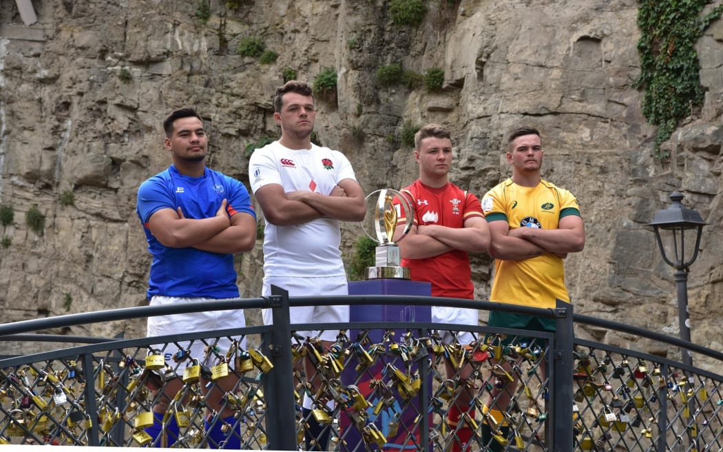 Samoa captain Ivan Fepuleai with his Pool A counterparts at the World Rugby U20 Championship.