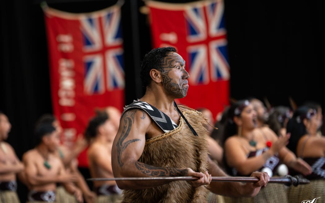 Te Kapa Haka o Ngāti Whakaue at 2025 Te Matatini Festival at Pukekura/Bowl of Brooklands in New Plymouth.