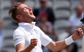 The England bowler Stuart Broad celebrates a wicket.