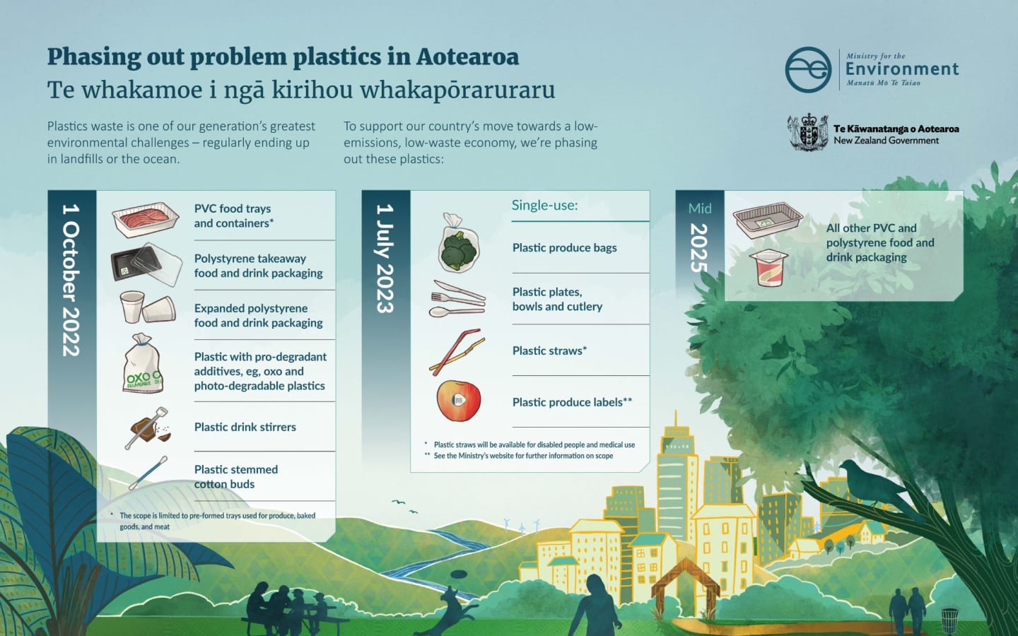 Graphic showing timeframe for phasing out problem plastics in Aotearoa.