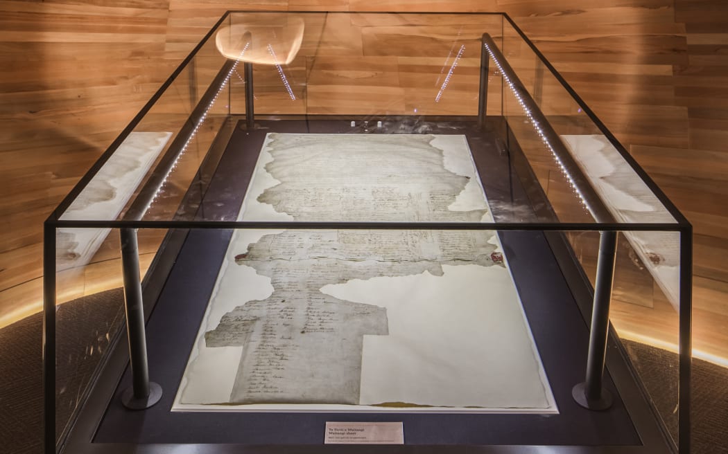 Te Tiriti o Waitangi, Waitangi sheet, Sheet 1, on display at He Tohu at The National Library of New Zealand.