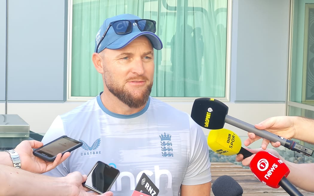England cricket coach Brendan McCullum speaking at a media conference in Hamilton, 9 February 2023.