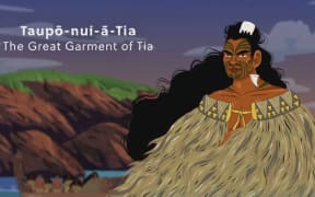 An illustration of the rangatitra Tia, wearing his cloak, against a backdrop of Lake Taupo.