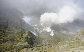 View on 16 November 2020 of steam, gas and ash emission from the 2019 primary vent area of the Whakaari/White Island crater.