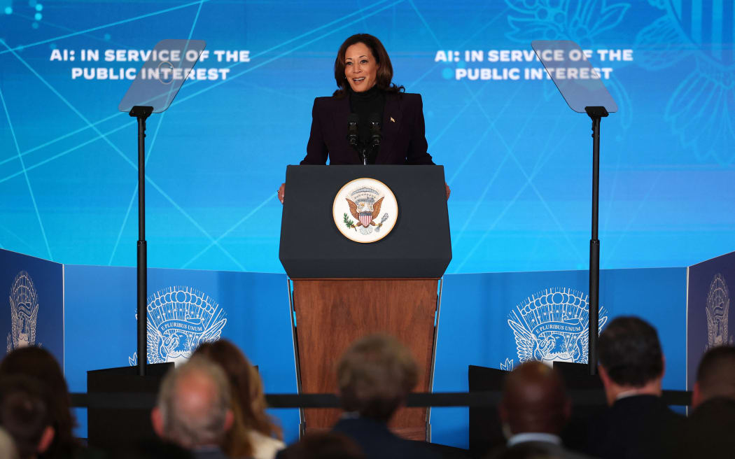 US Vice President Kamala Harris delivers a speech on Artificial Intelligence (AI) in central London, on 1 November, 2023.