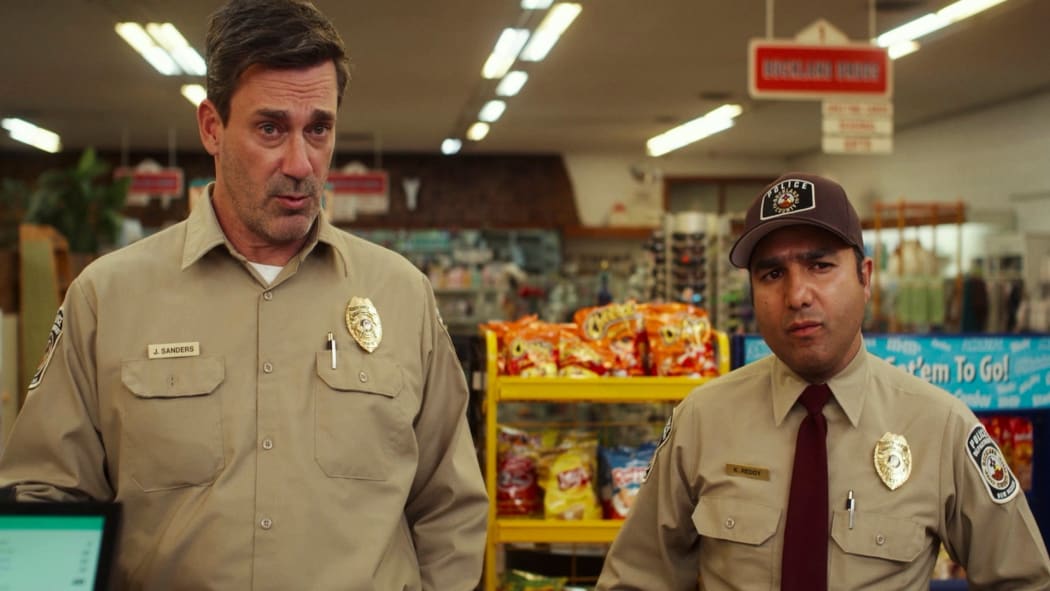 Movie still from the film Maggie Moore(s) featuring Jon Hamm and Nick Mohammed.