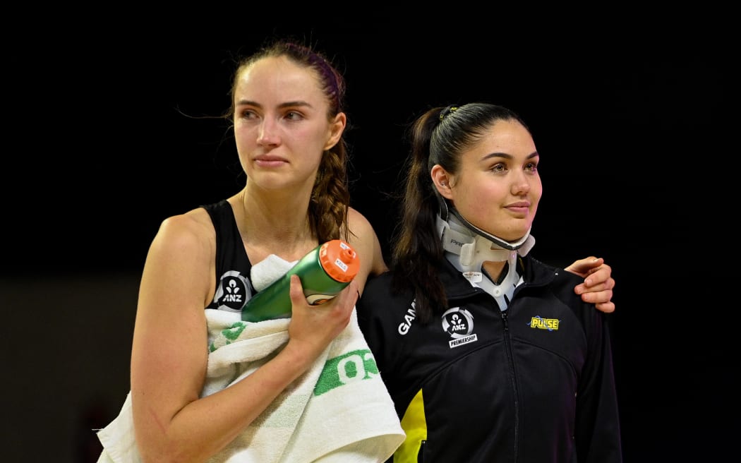 A disappointed Kelly Jackson  and Parris Mason of the Pulse after losing  the ANZ Premiership Elimination Final Netball match, Tactix Vs Magic, at Wolfbrook Arena, Christchurch, New Zealand, 20th July 2025. Copyright photo: John Davidson / www.photosport.nz