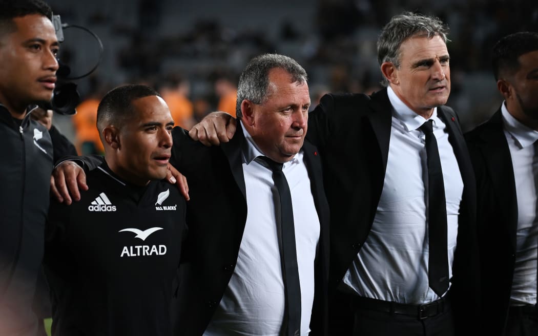 All Blacks player Shannon Frizell, Aaron Smith and head coach Ian Foster and Assistant coach Scott McLeod during the New Zealand All Blacks v Australia Wallabies. Bledisloe Cup and 2022 Rugby Championship match at Eden Park, Auckland, New Zealand on Saturday 24 September 2022.
© Copyright photo: Andrew Cornaga / www.photosport.nz