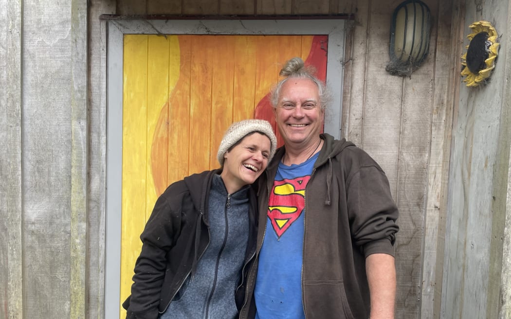 Damian Gordon aka Pod The Clown with partner Irene at their home in Raglan.