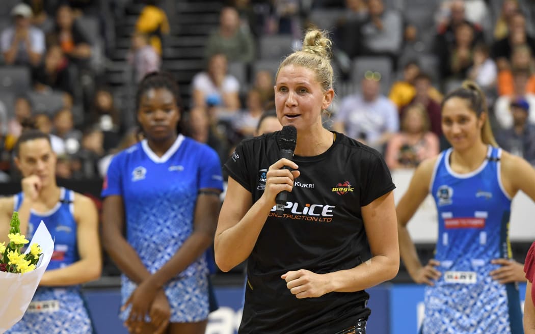 Casey Kopua speaks at her presentation.
Magic v Mystics, ANZ Premiership, Claudelands Arena, Hamilton, New Zealand. Sunday, 12 May 2019. © Copyright Photo: Jeremy Ward / www.photosport.nz