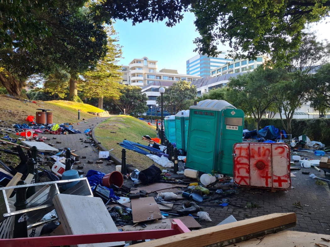 Rubbish left at Parliament grounds on 3 March, 2022, following a three-week occupation by anti-mandate and other protesters.