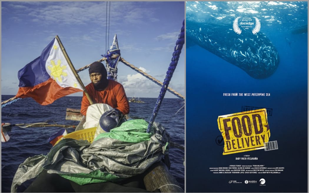 An image of the Food Delivery poster and Filipino fisherman
