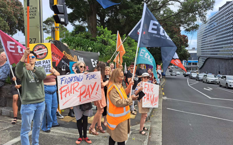 Union members protesting outside ACT Party leader David Seymour’s Epsom office on 11 December 2023.