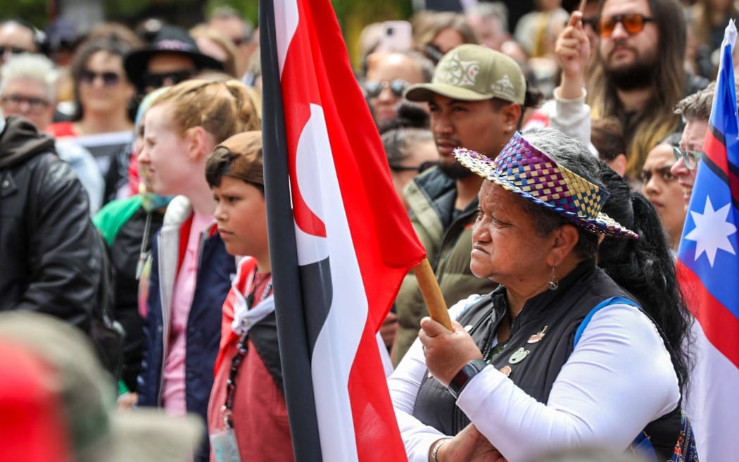 Supporters of the hīkoi rally at the Bridge of Remembrance in Christchurch on 13 November 2024.