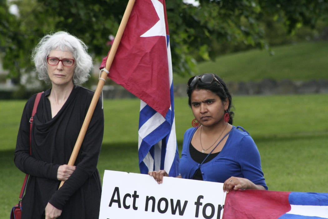 Demonstrators outside New Zealand's parliament at a West Papua flag raising event 2016.