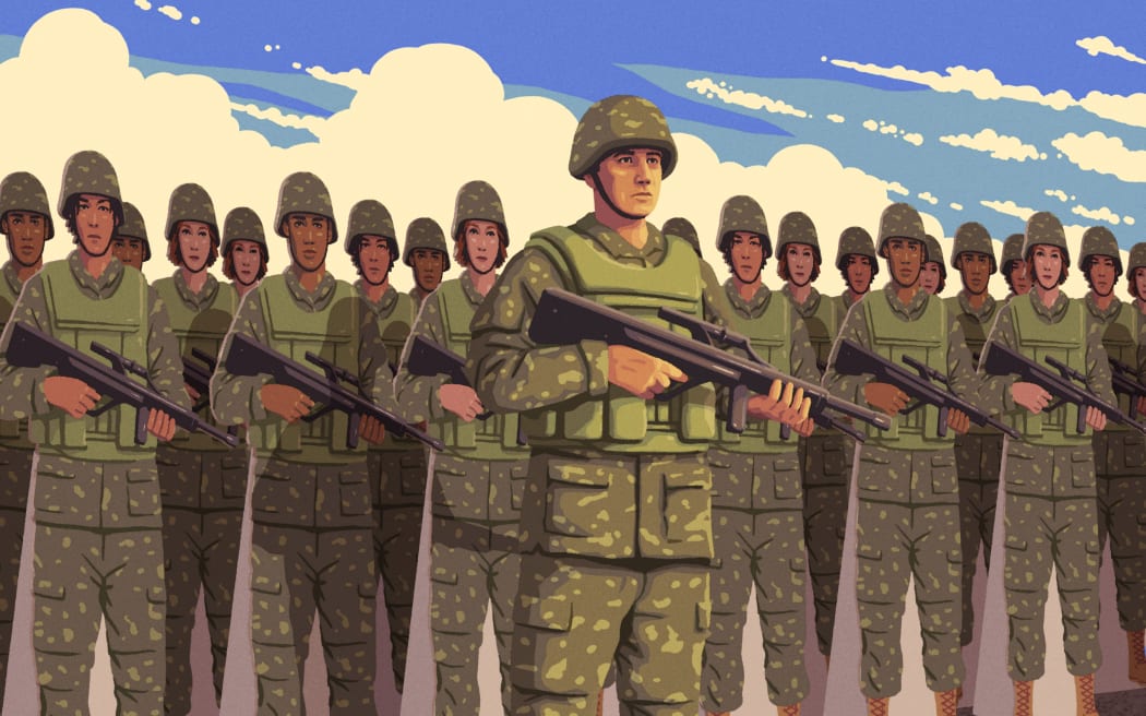A graphic illustration of a line of army soldiers carrying guns. The figures all wear full, identical army uniforms. A soldier in front stands alone, while the line of identical soldiers behind him are all cardboard cutouts. There is a vivid blue sky with puffy clouds behind them.