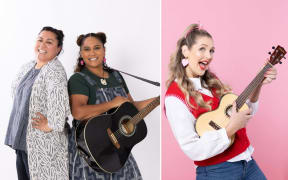 Composition image of (left) Loopy Tunes duo Siu Williams-Lemi and Leah Williams-Partington holding a guitar, and Music with Michal's Michal Bush holding a ukelele.