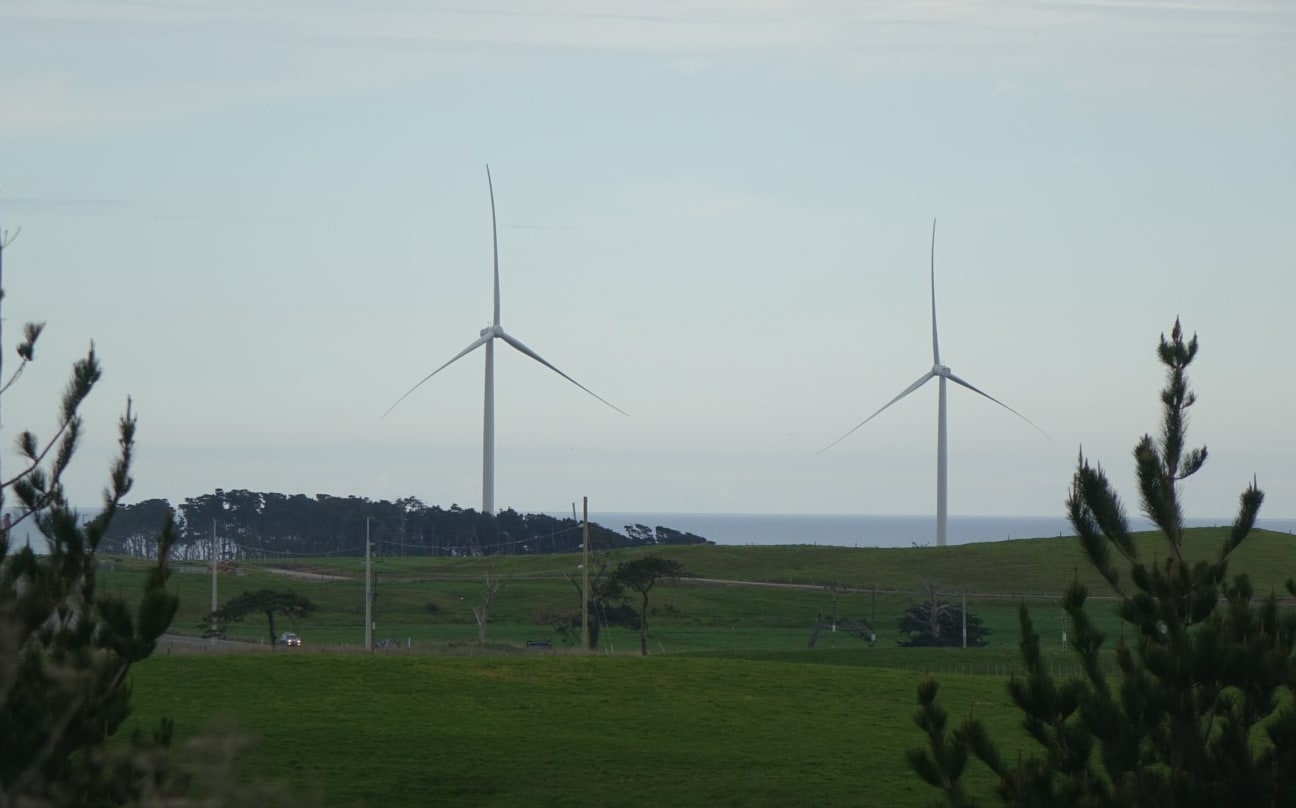Wind turbines viewable in the distance in Waipipi