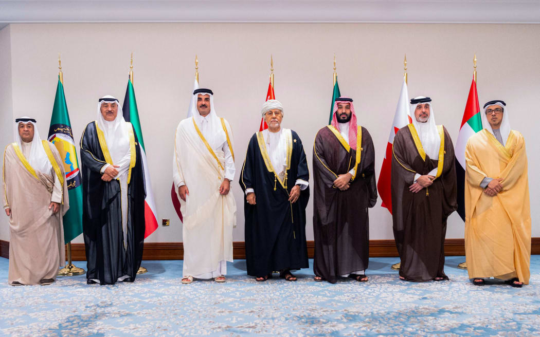 This handout picture released by the official Saudi Press Agency (SPA) shows, (L-R) Gulf Cooperation Council (GCC) Secretary-General Jassim al-Budaiwi, Kuwait's Crown Prince Sheikh Sabah Khaled al-Hamad al-Sabah, Qatar's Emir Tamim bin Hamad Al-Thani, Oman's Deputy Prime Minister for Defense Affairs Shihab bin Tarik Al Said, Saudi Arabia's Crown Prince Mohammed bin Salman, Bahrain's King’s Personal Representative Abdulla bin Hamad Al Khalifa, and the UAE's Vice President and Deputy Prime Minister Sheikh Mansour bin Zayed al-Nahyan, posing for a group picture during the 2025 Arab-Islamic emergency summit in Doha on September 15, 2025. Qatar's Emir accused Israel of trying to derail Gaza ceasefire efforts with its attack on the Palestinian Hamas movement in Doha, as Arab and Muslim leaders held emergency talks on Monday to discuss a unified response. (Photo by Saudi Press Agency / AFP) / RESTRICTED TO EDITORIAL USE - MANDATORY CREDIT "AFP PHOTO / SPA" - NO MARKETING NO ADVERTISING CAMPAIGNS - DISTRIBUTED AS...