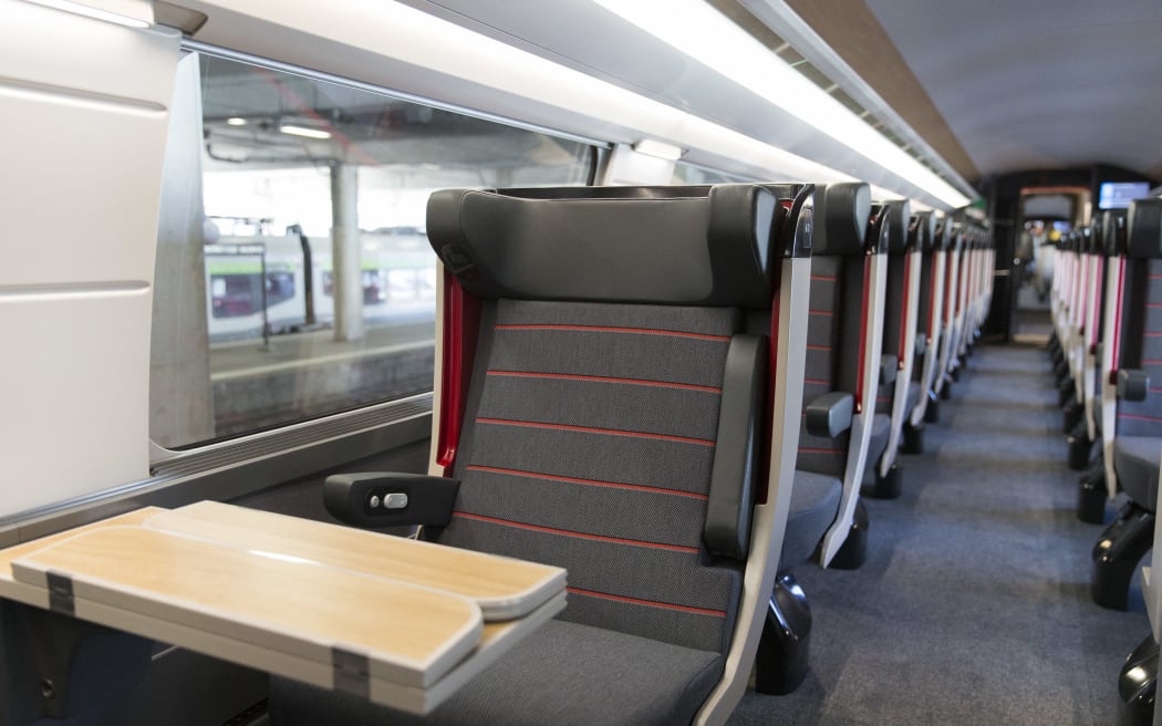 A picture taken on september 14, 2016 in Paris shows seats in a first class wagon inside the new TGV high speed train called Euroduplex L'Oceane.