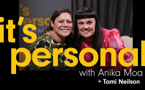 Photo of Anika Moa and guest smiling. They are sitting on the couches where the interview takes place. The podcast title ‘It’s Personal with Anika Moa ’ Is written Plus the guest’s name,