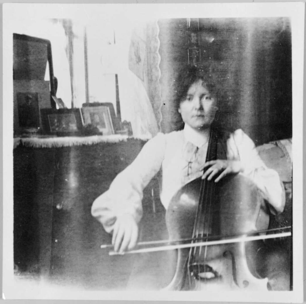 Katherine Mansfield playing the cello at Queen's College, London c.1903-1905.